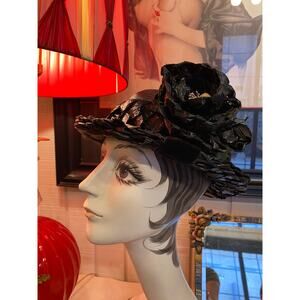vintage 1950s black straw hat Nina Ricci flower 50s fashion bowler rockabilly